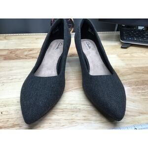 Clarks Teresa Step Pumps Women's 8 Black Tweed Slip-On Pointed Toe Block Heel